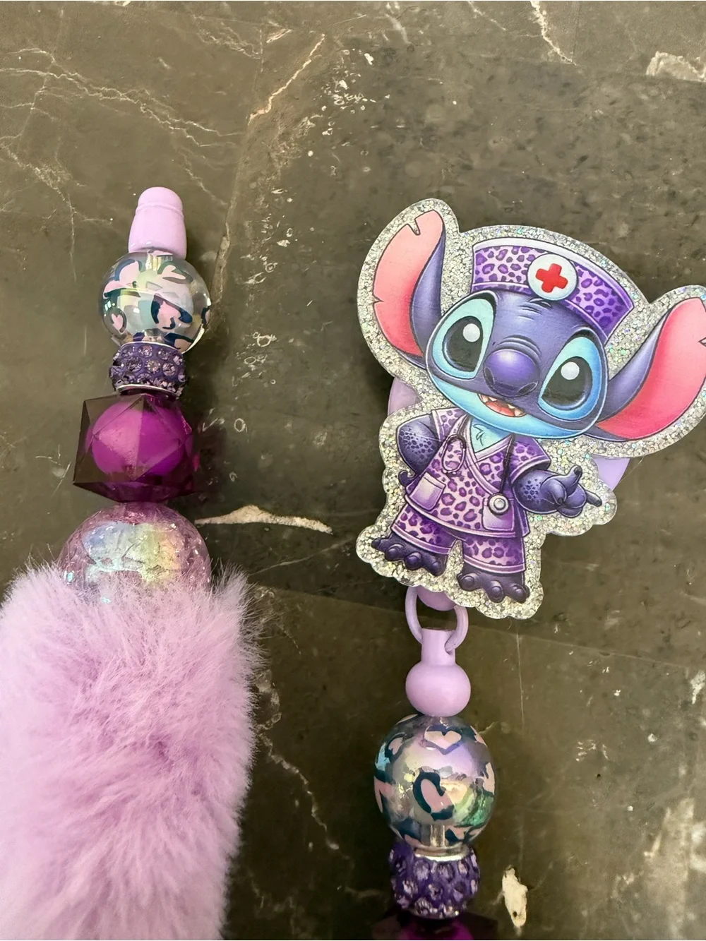 Purple Fur Hearts Nurse Stitch Beaded Pen and Matching Badge Reel Set Handmade
